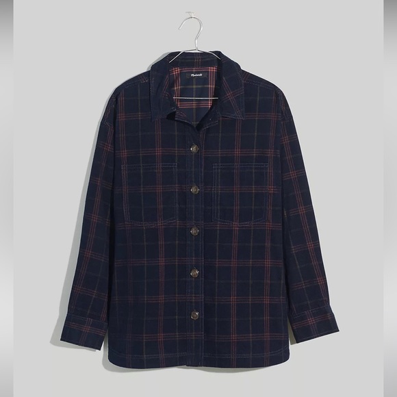 NWT Madewell Corduroy Plaid Oversized Shirt Jacket, Navy - Picture 1 of 5